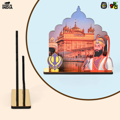 Guru Nanak Dev Ji & Guru Gobind Singh Ji Wooden Table Top Idols with Golden Temple Background | Spiritual Decor for Home & Office | Sikh Religious Gift