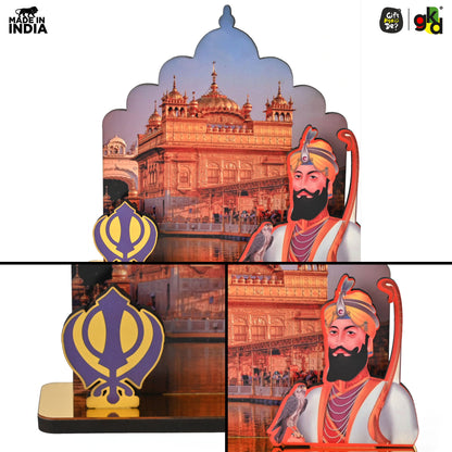 Guru Nanak Dev Ji & Guru Gobind Singh Ji Wooden Table Top Idols with Golden Temple Background | Spiritual Decor for Home & Office | Sikh Religious Gift
