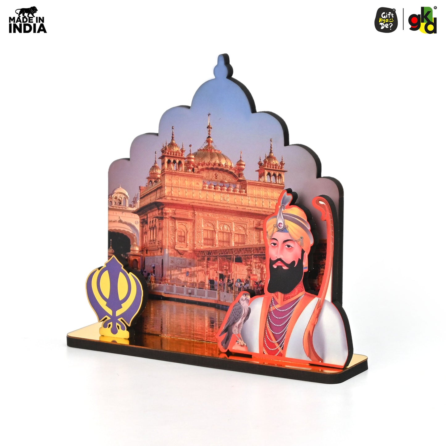 Guru Nanak Dev Ji & Guru Gobind Singh Ji Wooden Table Top Idols with Golden Temple Background | Spiritual Decor for Home & Office | Sikh Religious Gift
