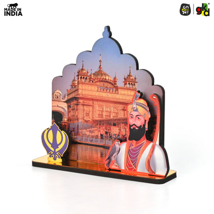 Guru Nanak Dev Ji & Guru Gobind Singh Ji Wooden Table Top Idols with Golden Temple Background | Spiritual Decor for Home & Office | Sikh Religious Gift