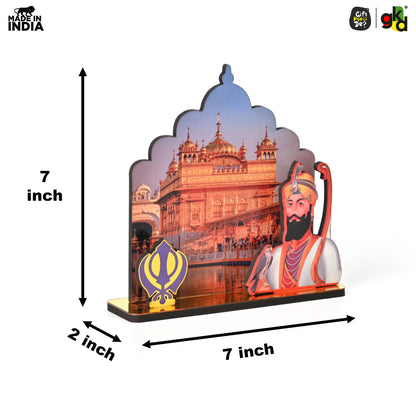 Guru Nanak Dev Ji & Guru Gobind Singh Ji Wooden Table Top Idols with Golden Temple Background | Spiritual Decor for Home & Office | Sikh Religious Gift