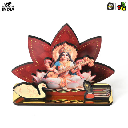 Saraswati Maa Wooden Table Top | Desk Decor for Wisdom & Knowledge | Gift for Students & Professionals