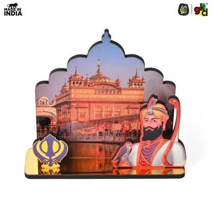Guru Nanak Dev Ji & Guru Gobind Singh Ji Wooden Table Top Idols with Golden Temple Background | Spiritual Decor for Home & Office | Sikh Religious Gift