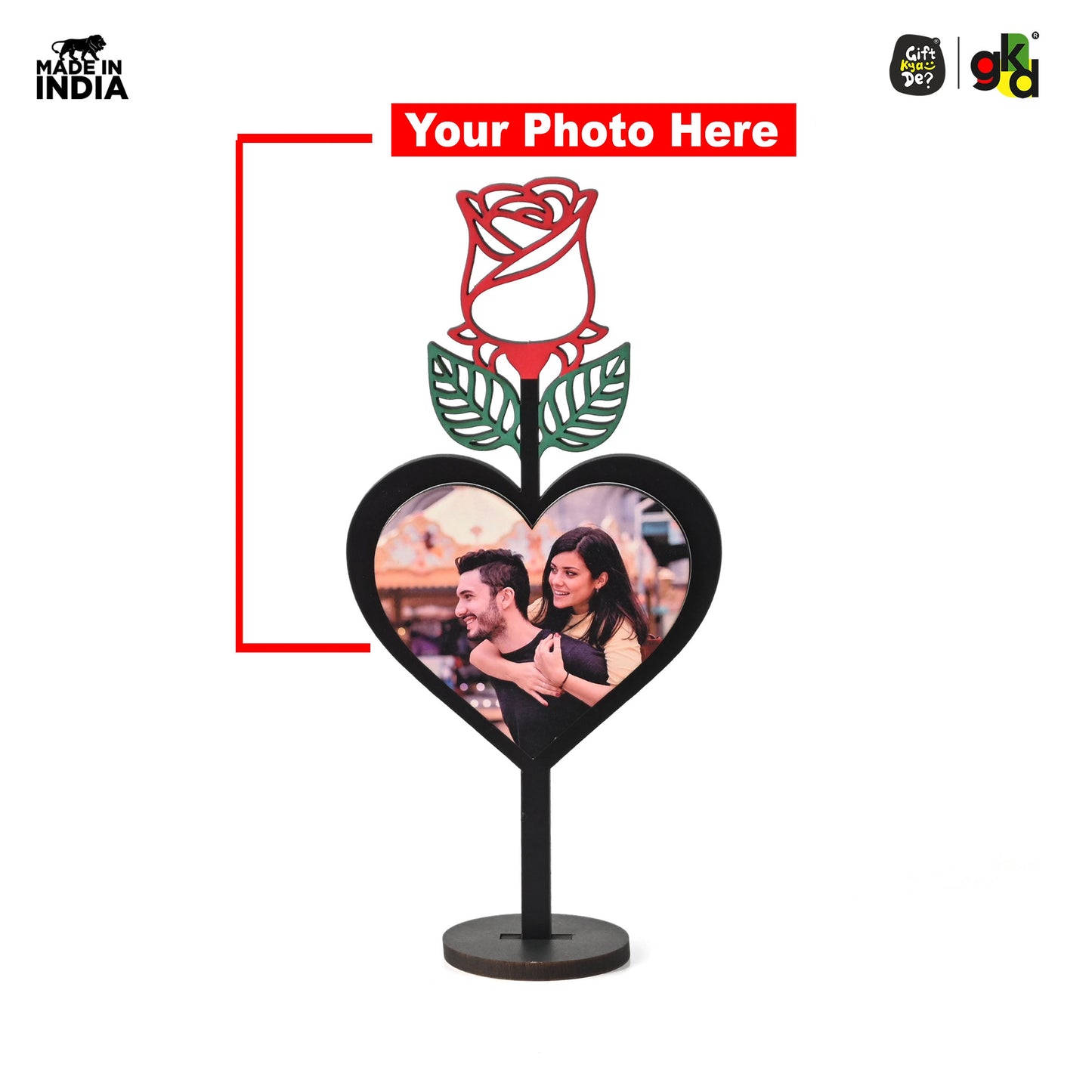 Valentine's Day Wooden Rose with Heart Design - Personalized Text or Photo