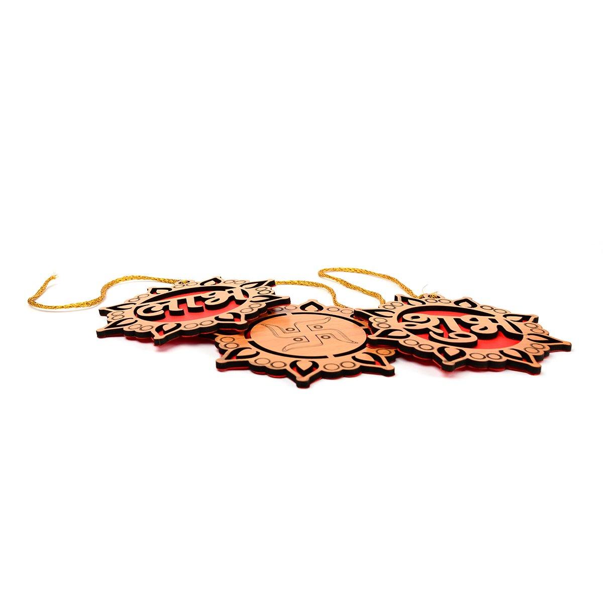 Wooden Diwali Gift Set Mandir, Diya Toran and Shubh Labh Swastik Dangler