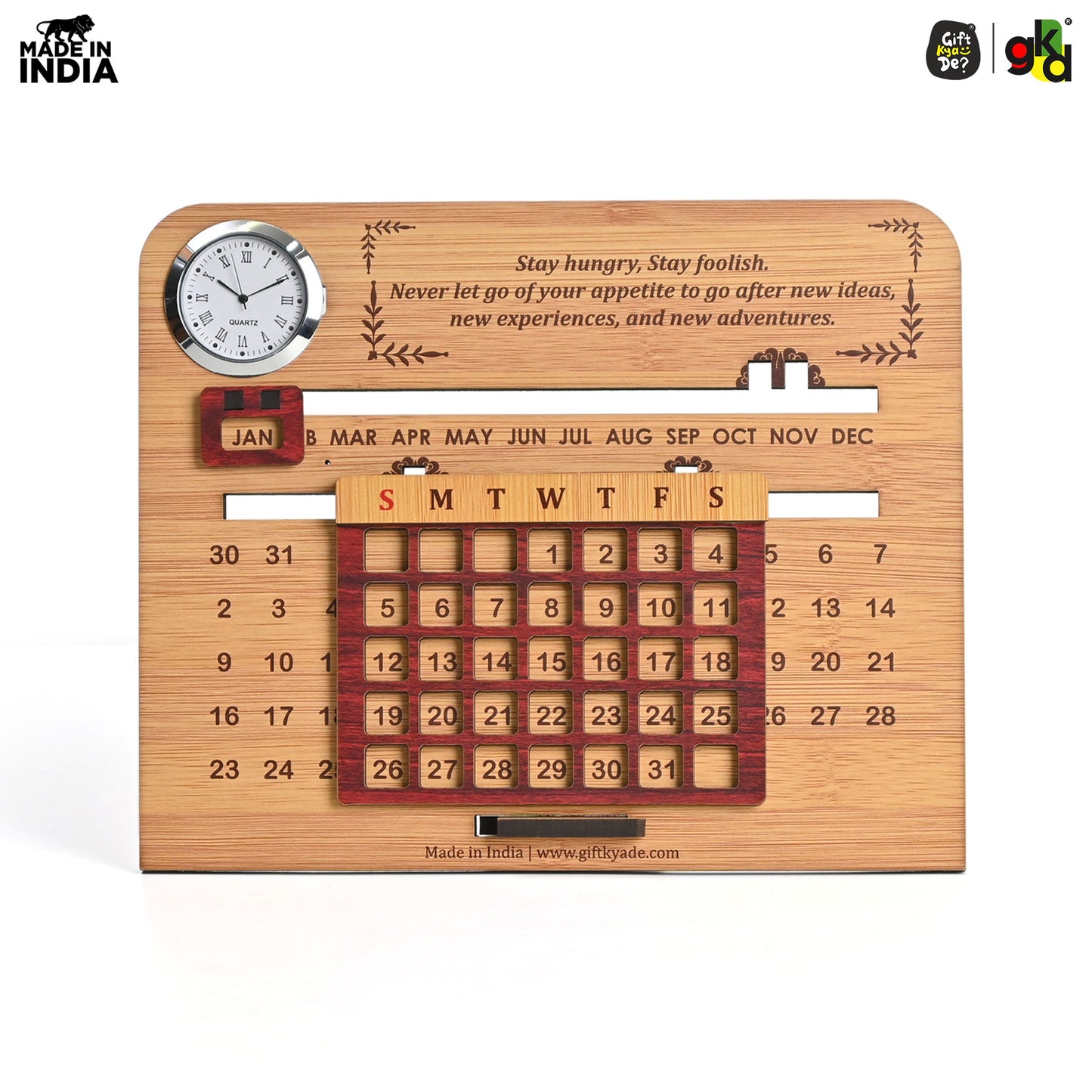 Wooden Lifetime Desk Calendar With Clock | Table Calendar For Office & Home | Eco Friendly