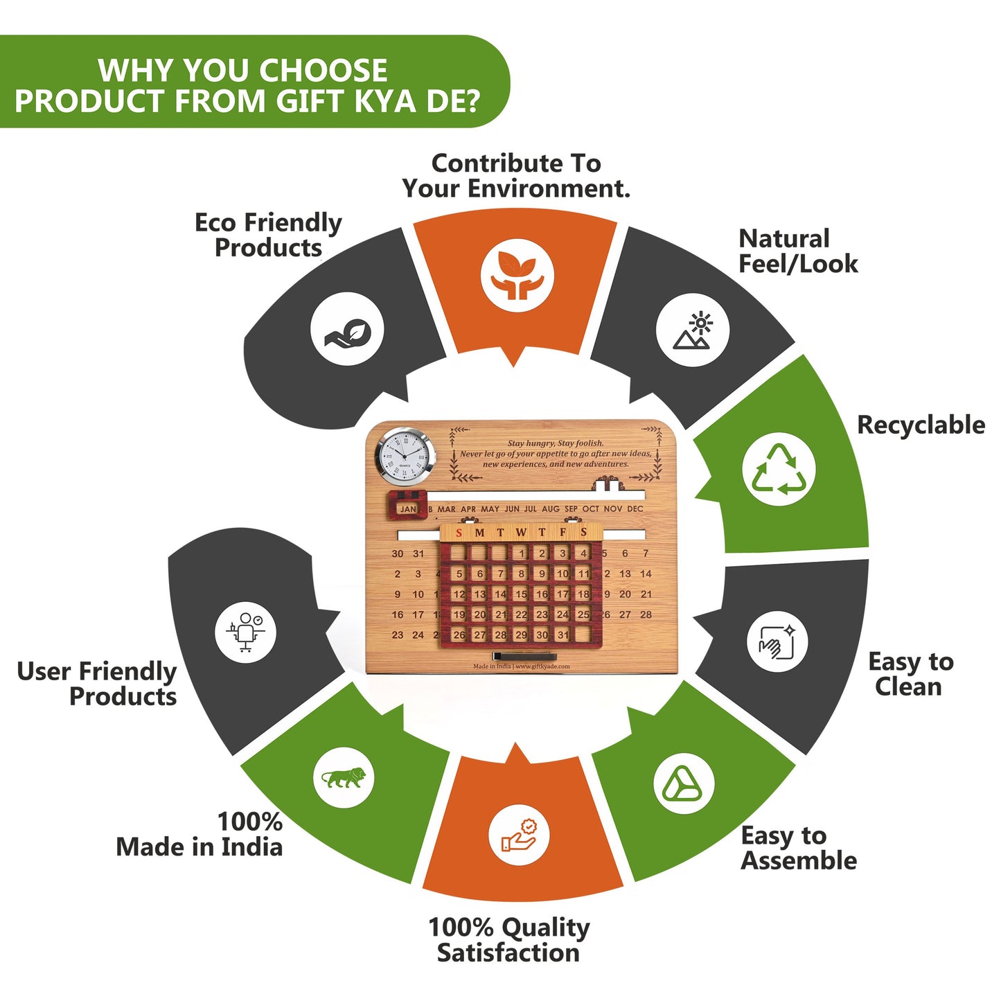 Wooden Lifetime Desk Calendar With Clock | Table Calendar For Office & Home | Eco Friendly