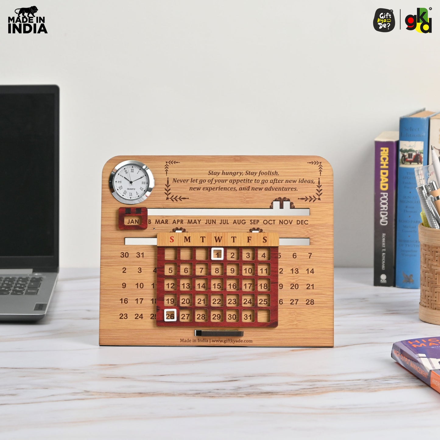 Wooden Lifetime Desk Calendar With Clock | Table Calendar For Office & Home | Eco Friendly