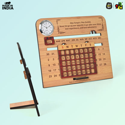 Wooden Lifetime Desk Calendar With Clock | Table Calendar For Office & Home | Eco Friendly