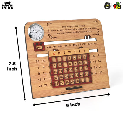 Wooden Lifetime Desk Calendar With Clock | Table Calendar For Office & Home | Eco Friendly