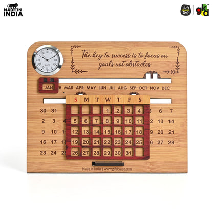 Wooden Lifetime Desk Calendar With Clock | Table Calendar For Office & Home | Eco Friendly