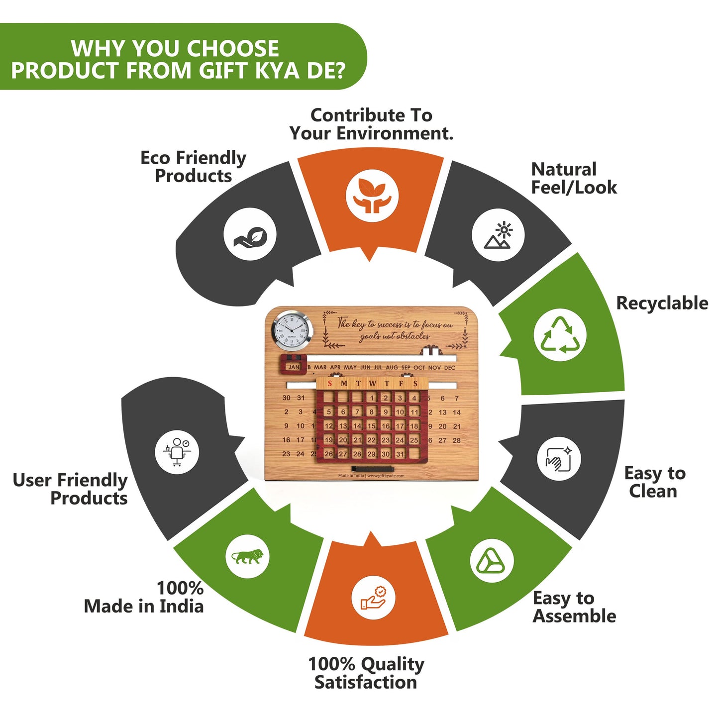 Wooden Lifetime Desk Calendar With Clock | Table Calendar For Office & Home | Eco Friendly