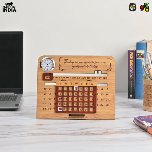 Wooden Lifetime Desk Calendar With Clock | Table Calendar For Office & Home | Eco Friendly