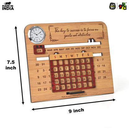 Wooden Lifetime Desk Calendar With Clock | Table Calendar For Office & Home | Eco Friendly