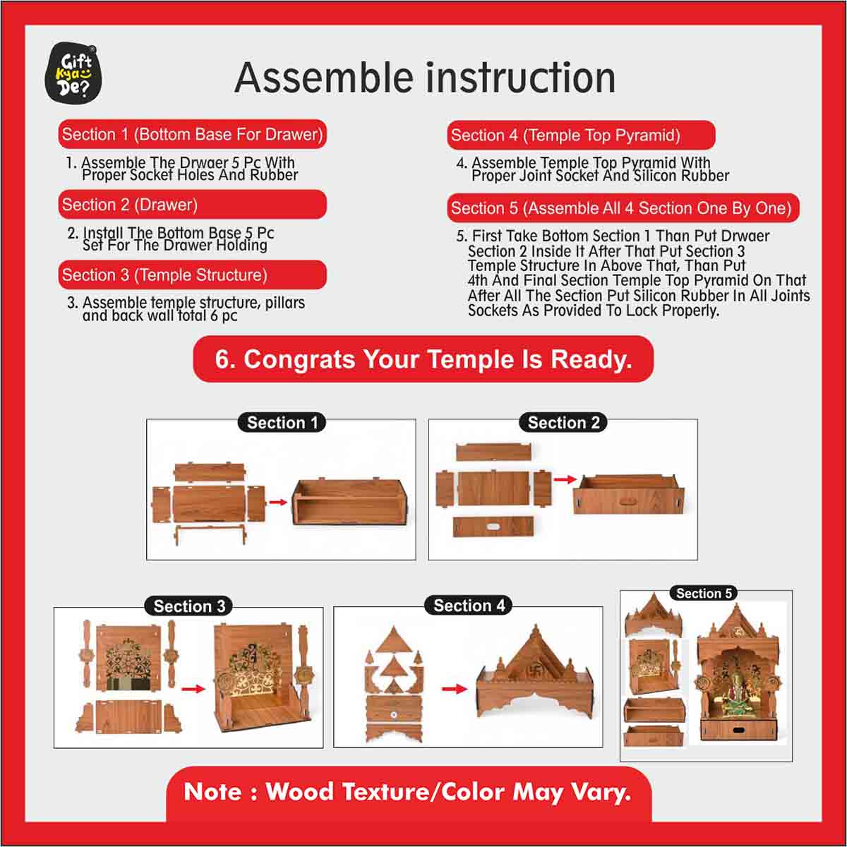 Wooden Temple For Home & Office | Premium 3D Golden Cutwork Design | Mandir With Storage Drawer (DIY)