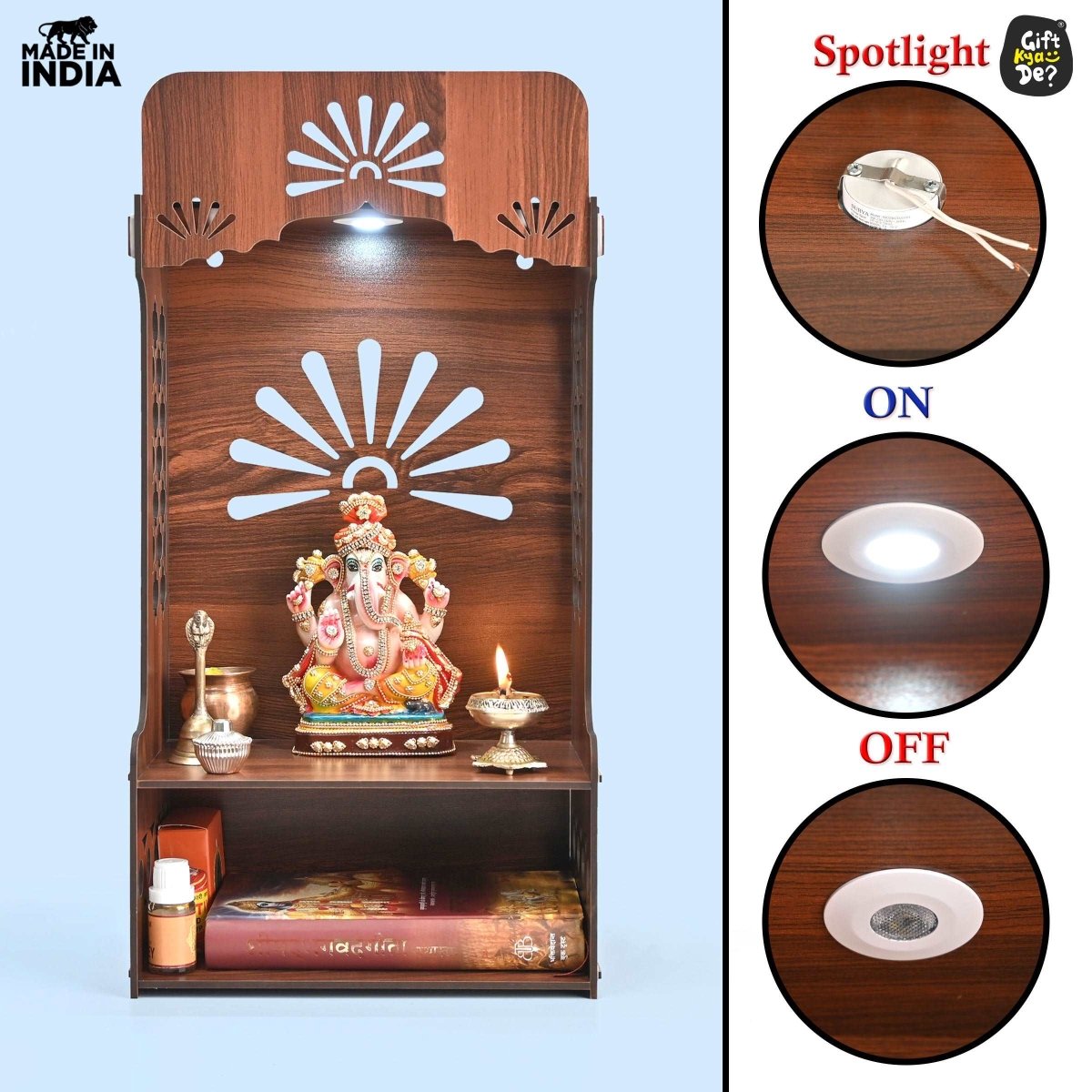 Wooden Temple For Home & Office | Premium 3D Cutwork Design | Mandir With LED Spot Light & Storage (DIY)