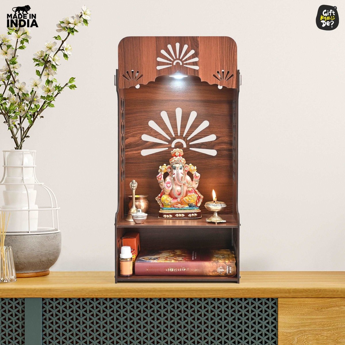 Wooden Temple For Home & Office | Premium 3D Cutwork Design | Mandir With LED Spot Light & Storage (DIY)