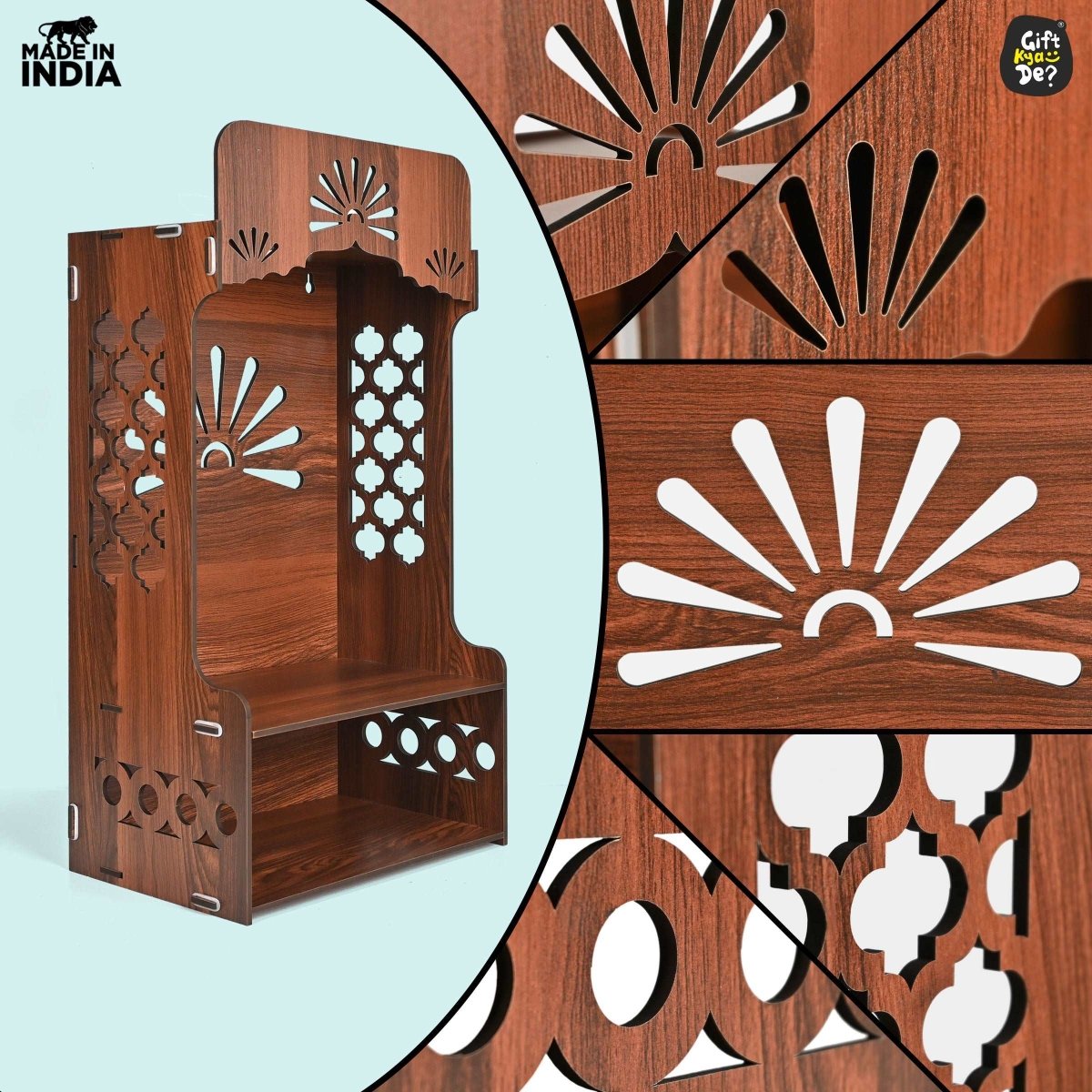 Wooden Temple For Home & Office | Premium 3D Cutwork Design | Mandir With LED Spot Light & Storage (DIY)