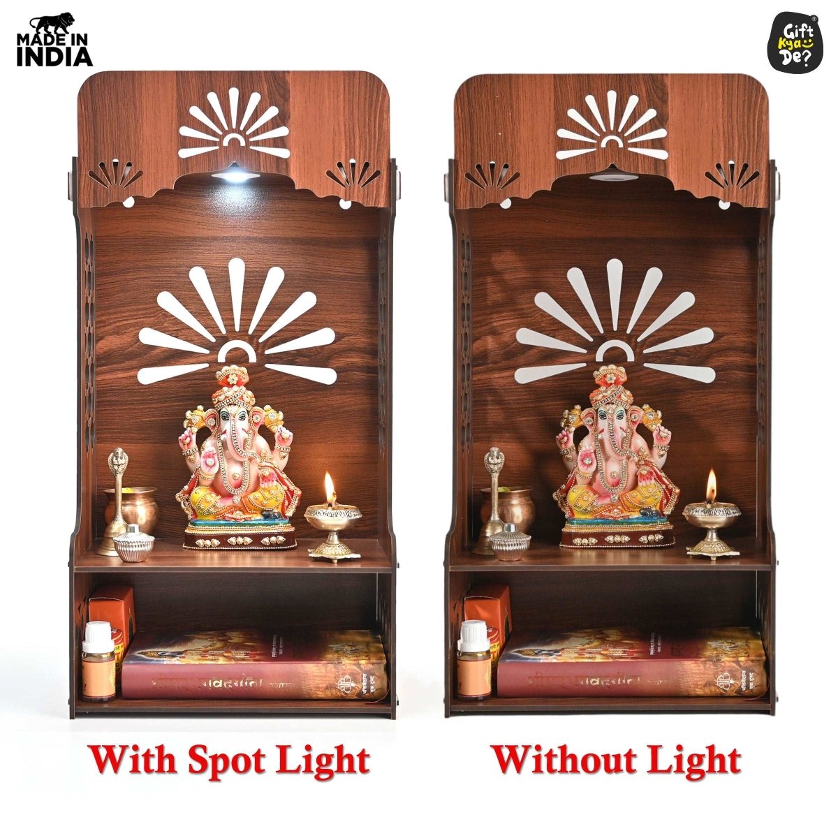 Wooden Temple For Home & Office | Premium 3D Cutwork Design | Mandir With LED Spot Light & Storage (DIY)