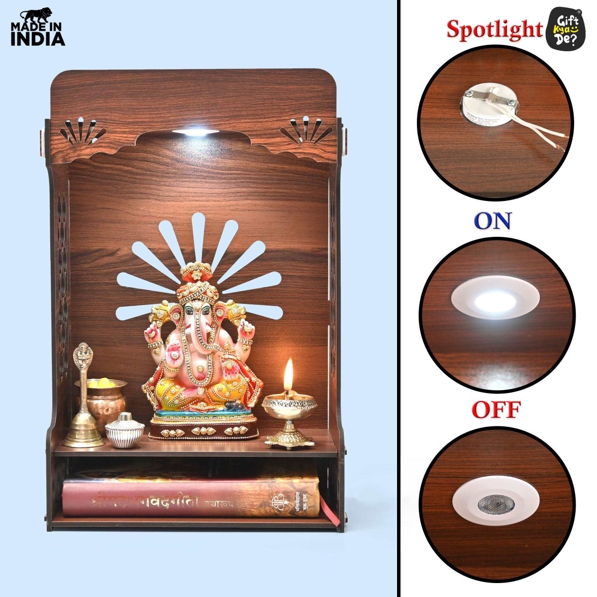 Wooden Temple For Home & Office | Premium 3D Cutwork Design | Mandir With LED Spot Light & Storage (DIY)
