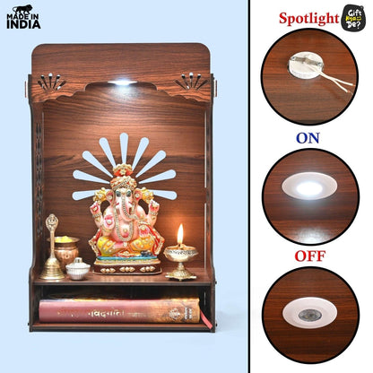 Wooden Temple For Home & Office | Premium 3D Cutwork Design | Mandir With LED Spot Light & Storage (DIY)