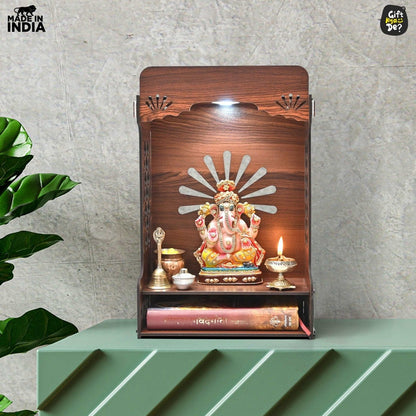 Wooden Temple For Home & Office | Premium 3D Cutwork Design | Mandir With LED Spot Light & Storage (DIY)