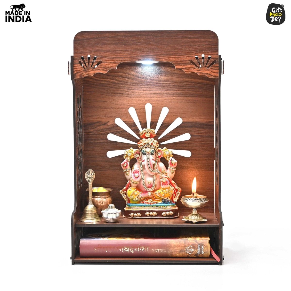Wooden Temple For Home & Office | Premium 3D Cutwork Design | Mandir With LED Spot Light & Storage (DIY)
