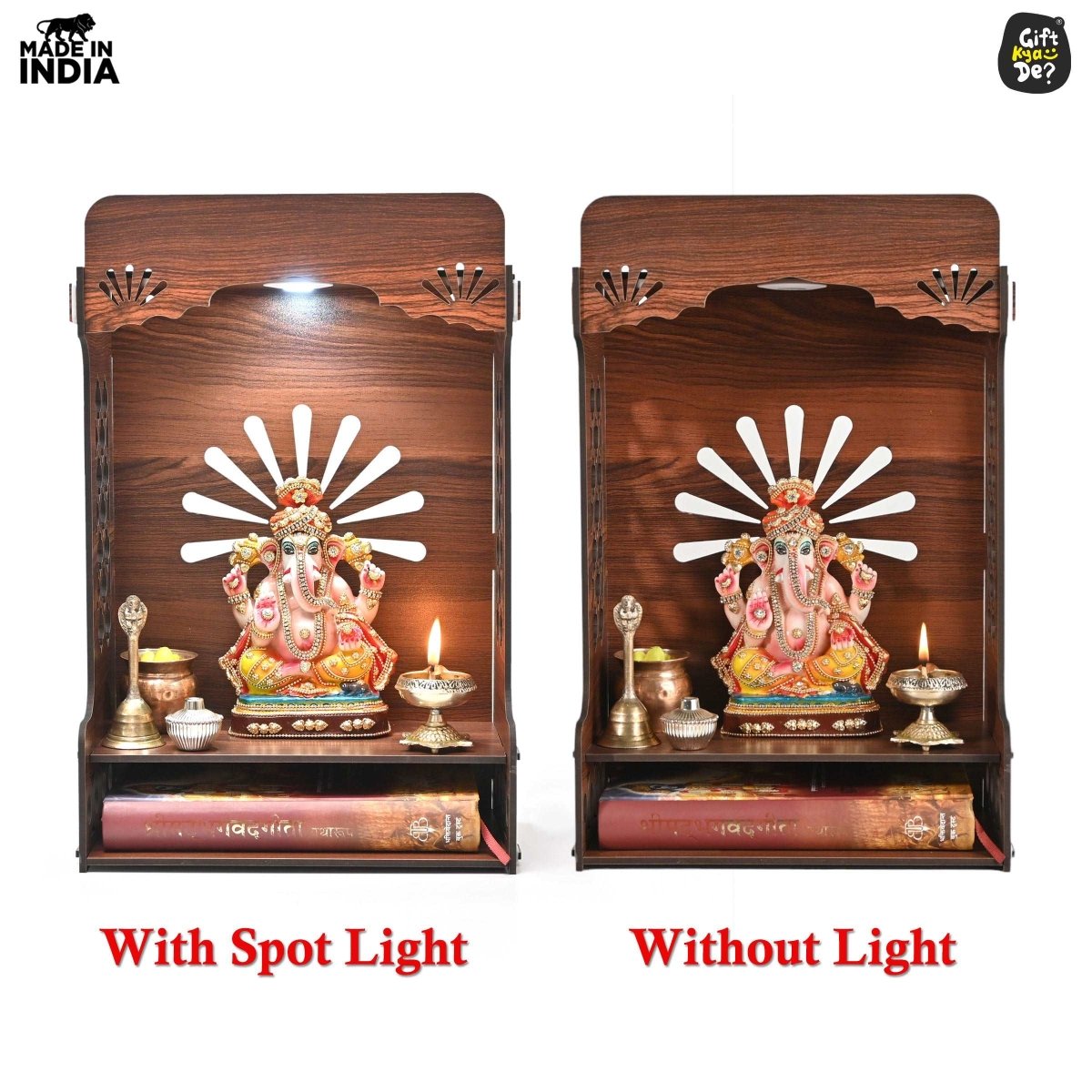 Wooden Temple For Home & Office | Premium 3D Cutwork Design | Mandir With LED Spot Light & Storage (DIY)