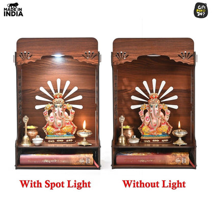 Wooden Temple For Home & Office | Premium 3D Cutwork Design | Mandir With LED Spot Light & Storage (DIY)