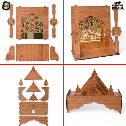 Wooden Temple For Home & Office | Premium 3D Golden Cutwork Design | Mandir With Storage Drawer (DIY)