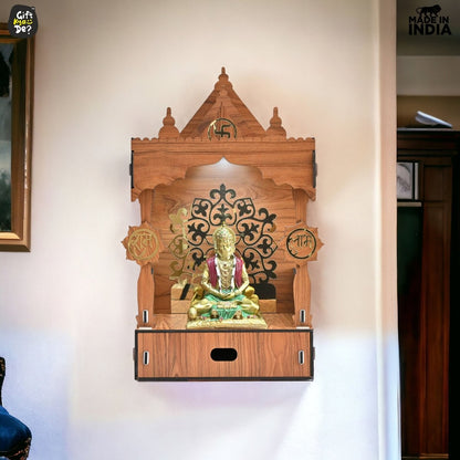 Wooden Temple For Home & Office | Premium 3D Golden Cutwork Design | Mandir With Storage Drawer (DIY)