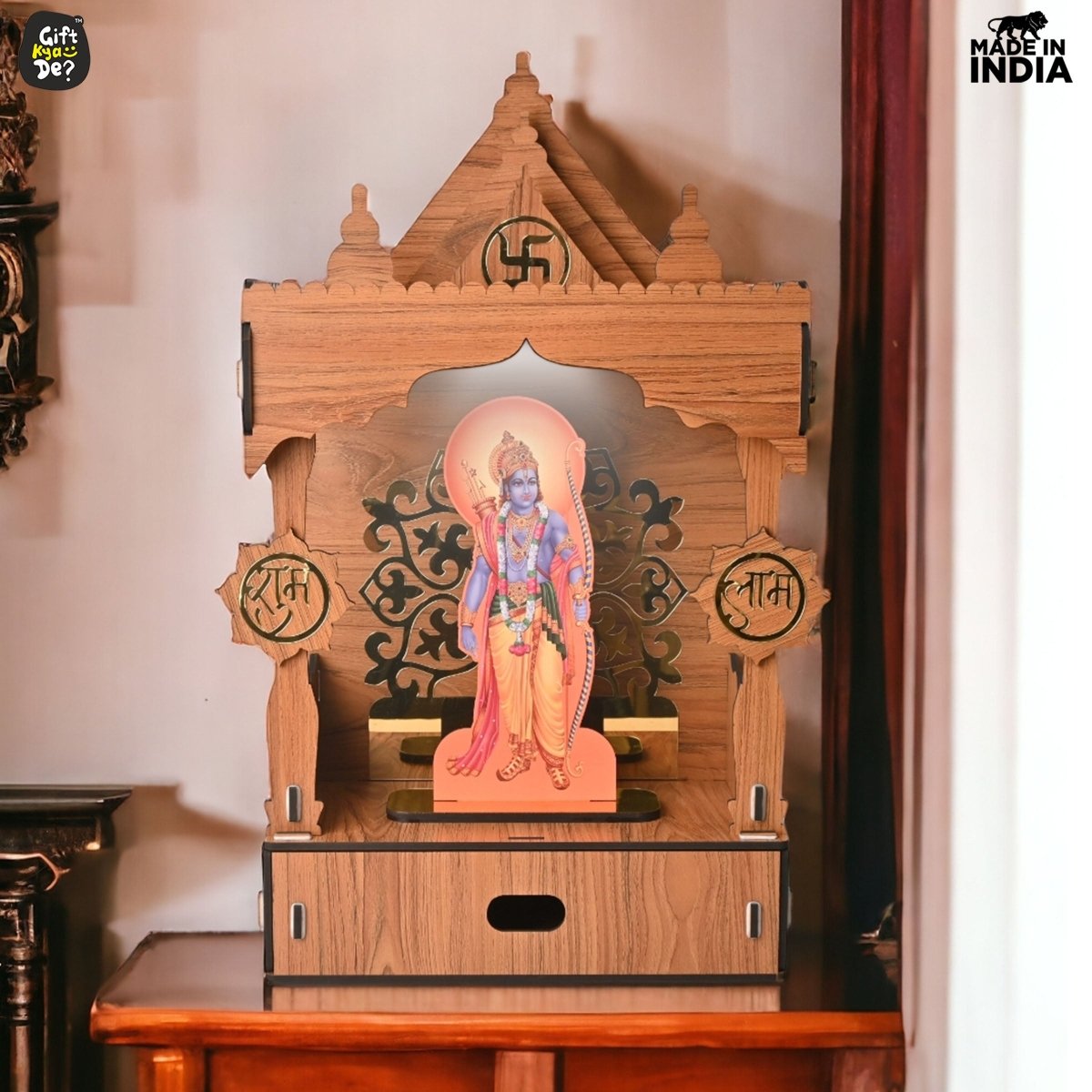 Wooden Temple For Home & Office | Premium 3D Golden Cutwork Design | Mandir With Storage Drawer (DIY)