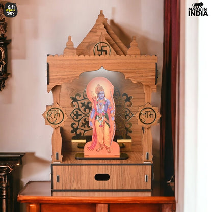 Wooden Temple For Home & Office | Premium 3D Golden Cutwork Design | Mandir With Storage Drawer (DIY)