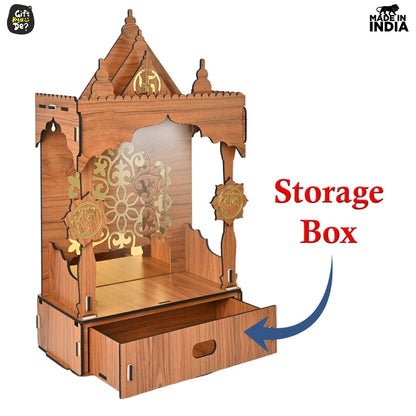 Wooden Temple For Home & Office | Premium 3D Golden Cutwork Design | Mandir With Storage Drawer (DIY)
