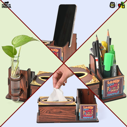Wooden Desk Organizer with Tissue Holder and Test Tube Planter, Multipurpose Office and Home Desk Accessory – Customizable with Name and Logo
