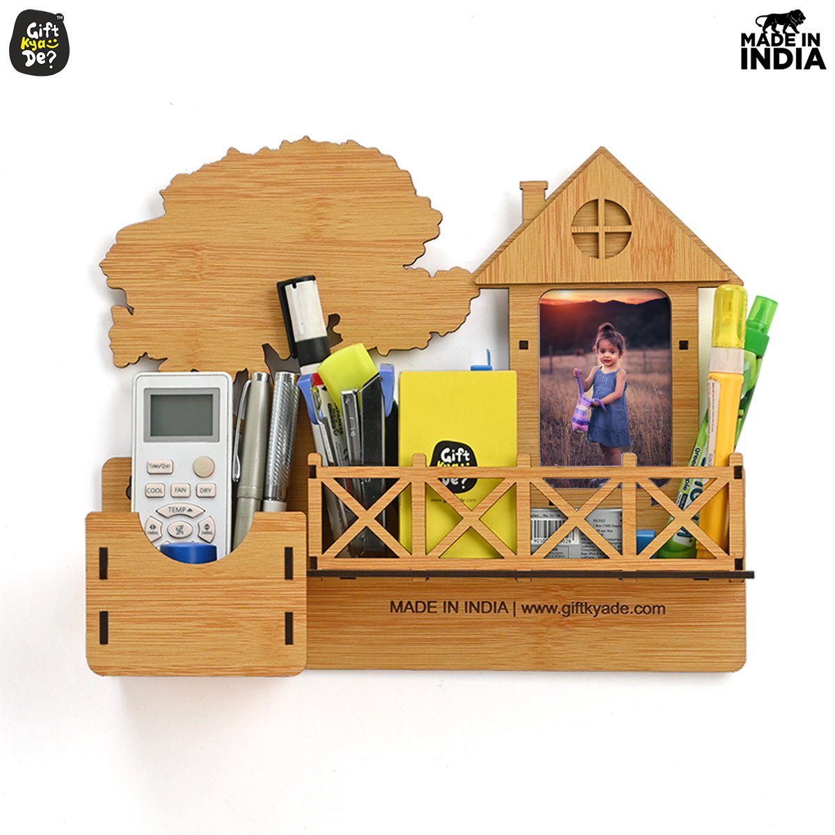 Wooden Desk Organizer With Photo Frame | Desk Accessories Holder | Home & Office Decor
