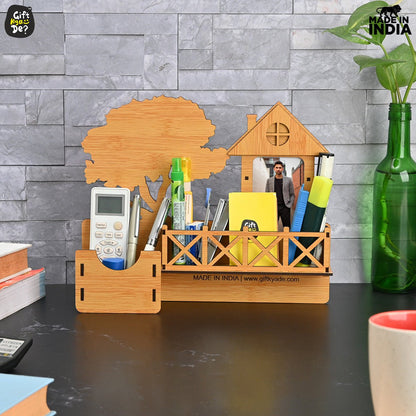 Wooden Desk Organizer With Photo Frame | Desk Accessories Holder | Home & Office Decor