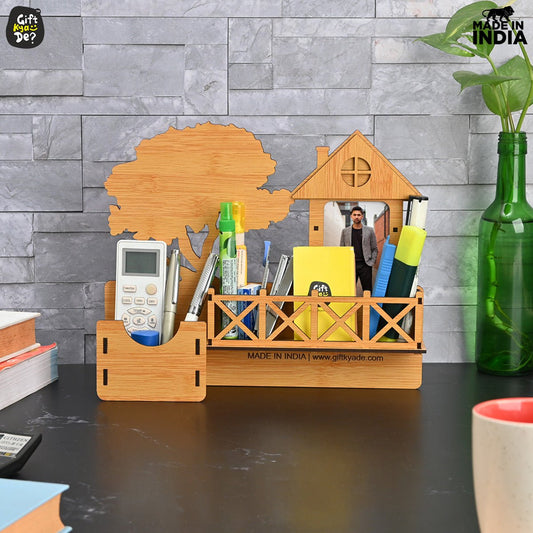 Wooden Desk Organizer With Photo Frame | Desk Accessories Holder | Home & Office Decor