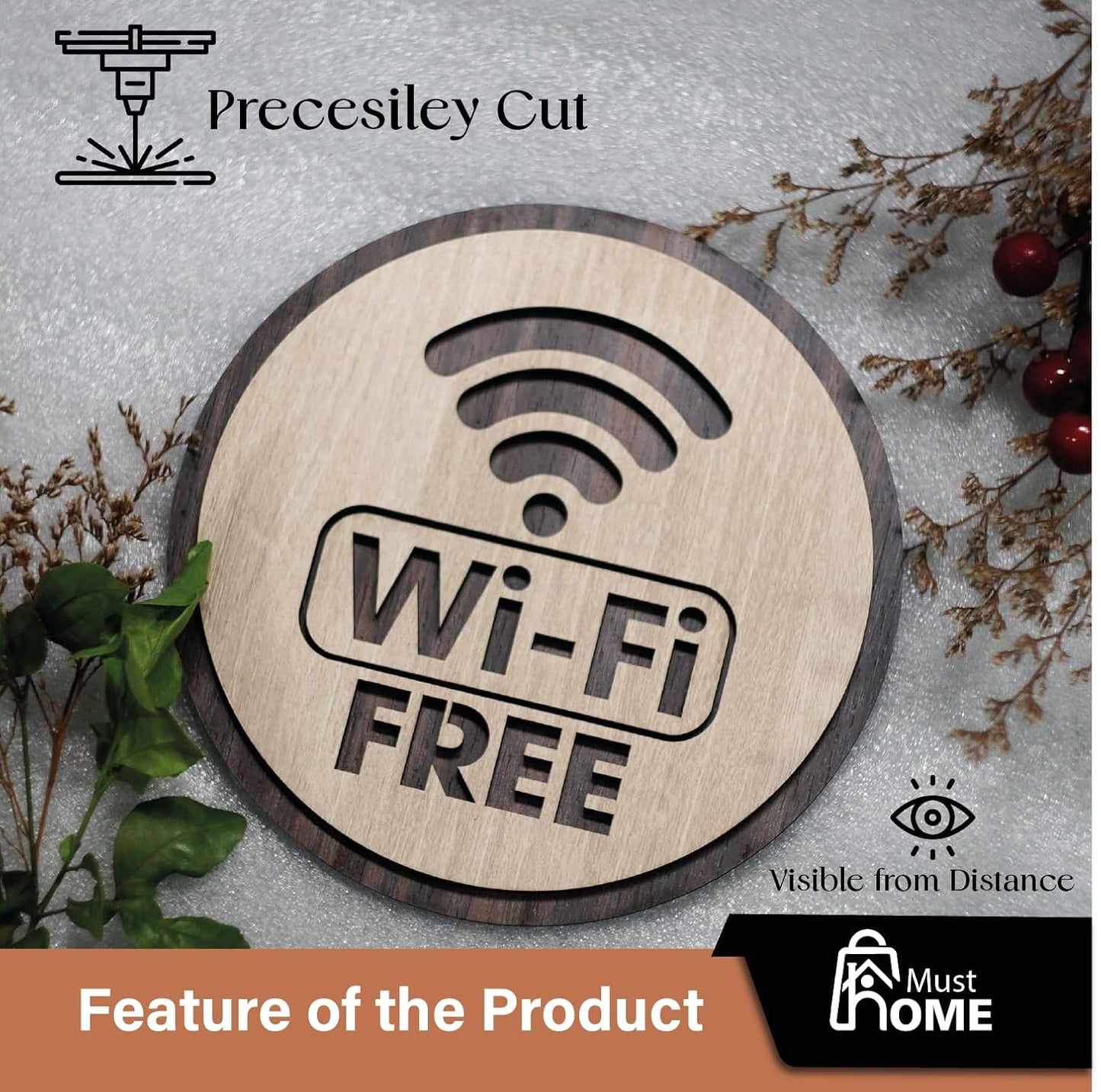 MustHome |Wooden Free Wi-Fi Sign | Wi-Fi Symbol | Free Wi-Fi Logo |15 x 15 cm