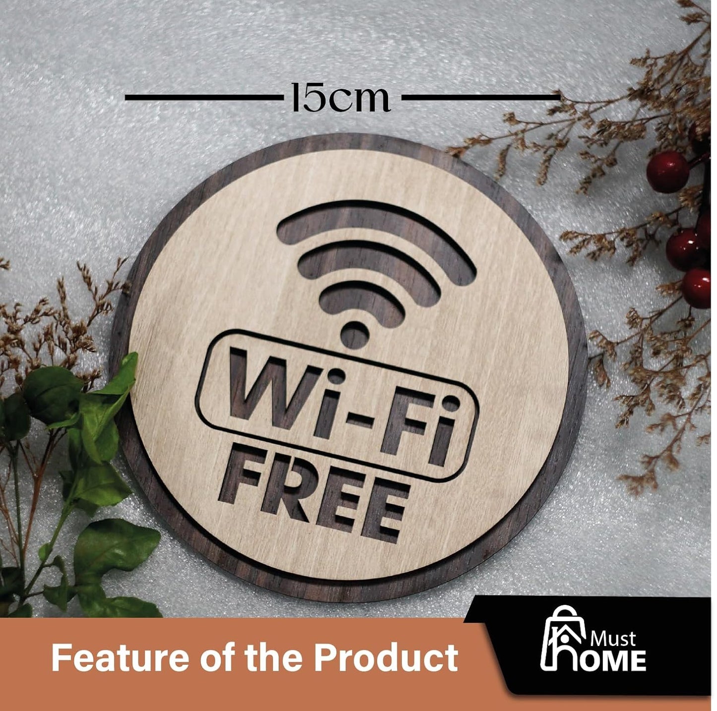 MustHome |Wooden Free Wi-Fi Sign | Wi-Fi Symbol | Free Wi-Fi Logo |15 x 15 cm