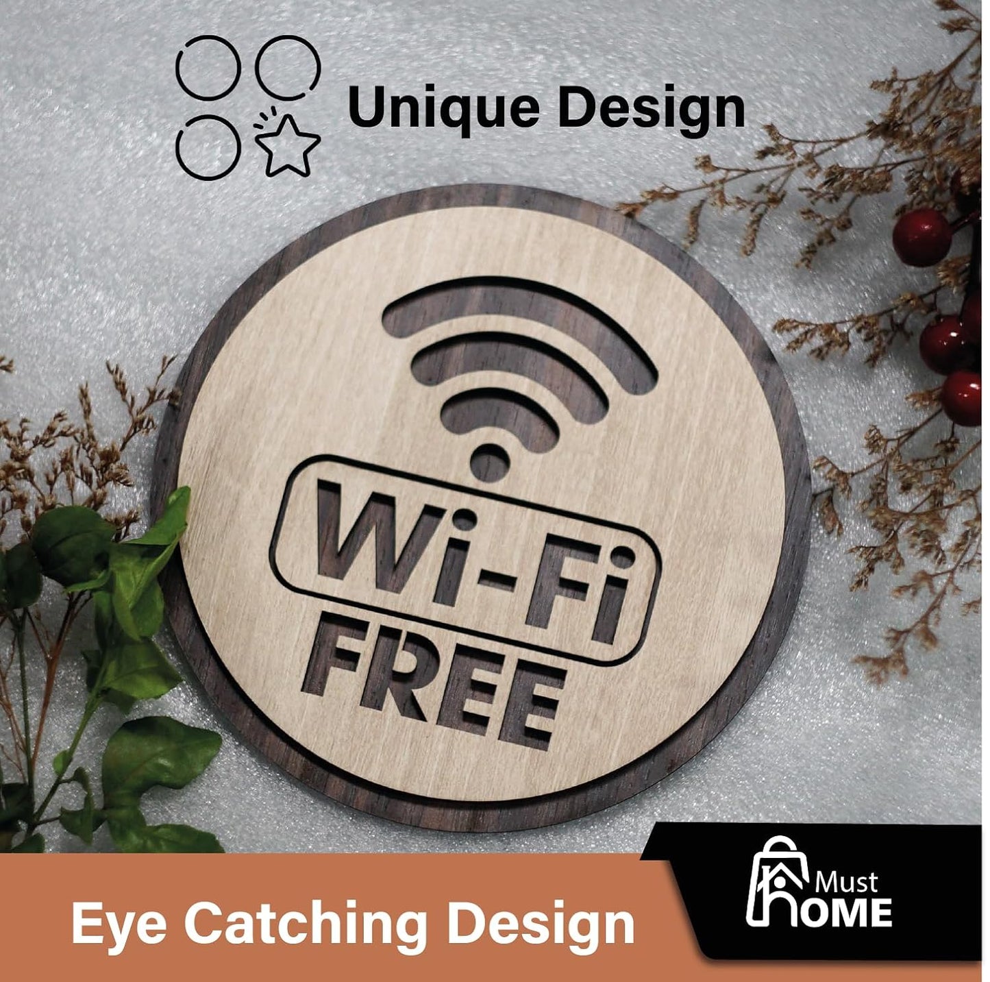 MustHome |Wooden Free Wi-Fi Sign | Wi-Fi Symbol | Free Wi-Fi Logo |15 x 15 cm