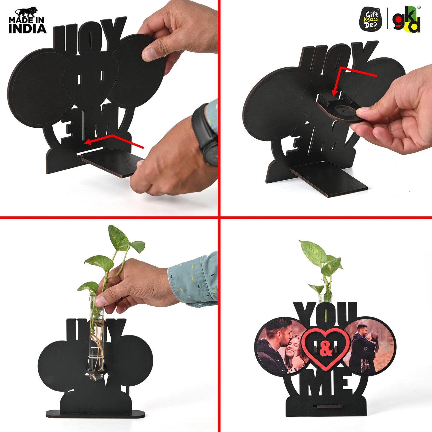 You & Me Wooden Table Top & Personalized Photo Frame with Test Tube Planter –  Romantic Valentine's Day Gift