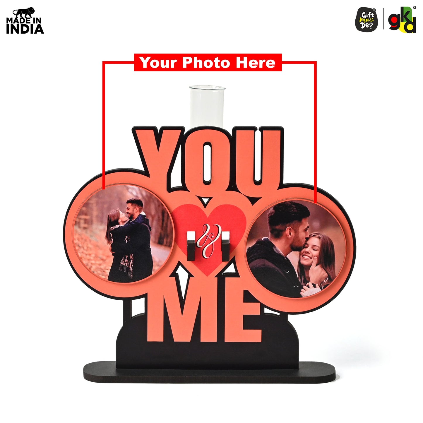 You & Me Wooden Table Top & Personalized Photo Frame with Test Tube Planter –  Romantic Valentine's Day Gift