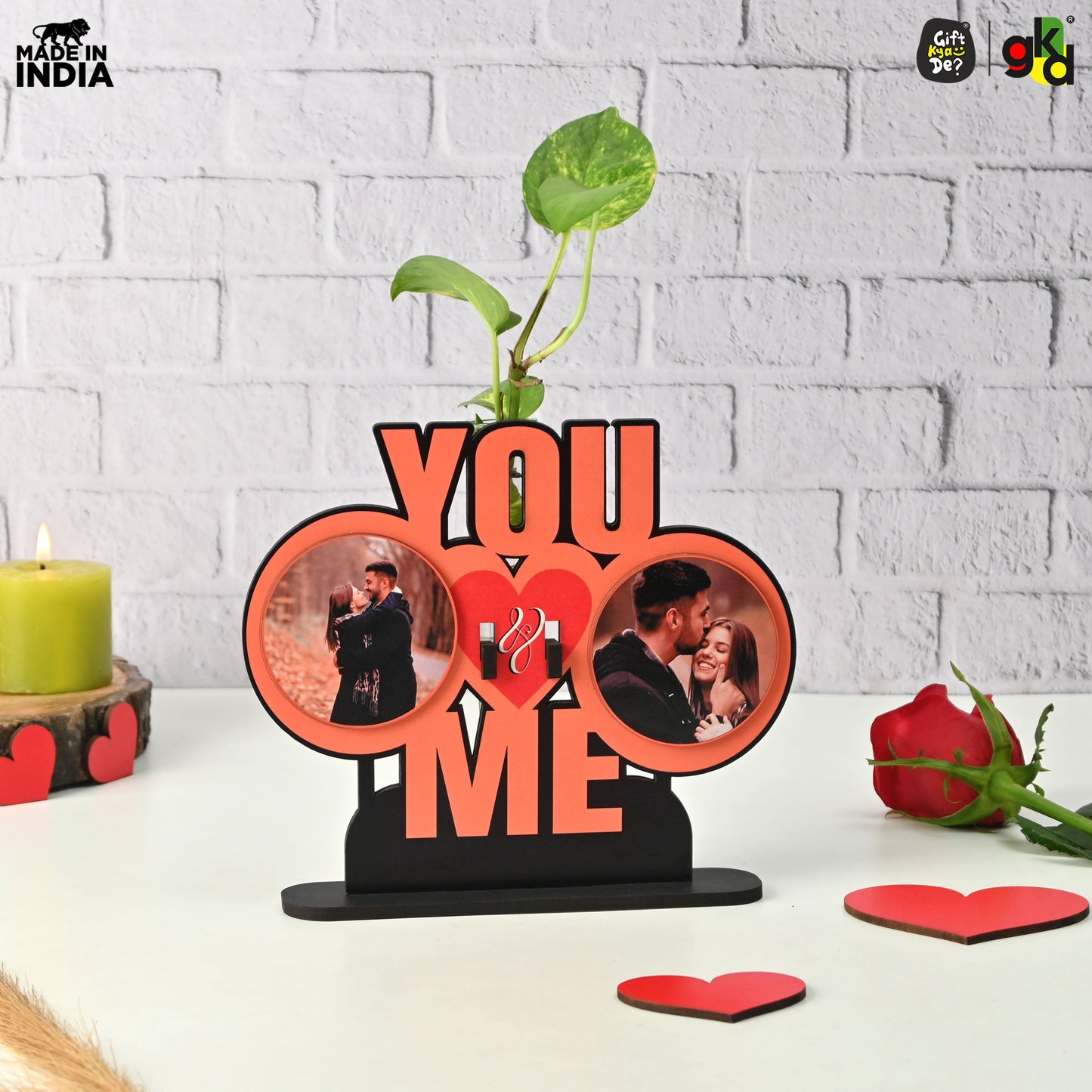 You & Me Wooden Table Top & Personalized Photo Frame with Test Tube Planter –  Romantic Valentine's Day Gift